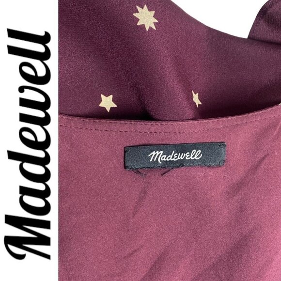MADEWELL 100% Silk Burgundy Star Print Flutter Hem Faux Wrap Mini Dress, Small - Picture 9 of 13